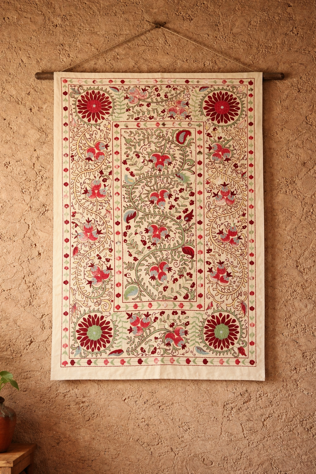 Handmade Silk Suzani Embroidery

Beautiful traditional embroidery made by hand with silk threads.
Elegant design, perfect for decorating a table, wall, or home interior.

Size: 6.6 ft × 4.4 ft
A unique and authentic piece of handmade art