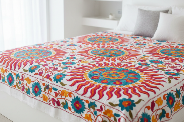 Suzani Bedspread with Sun Medallions